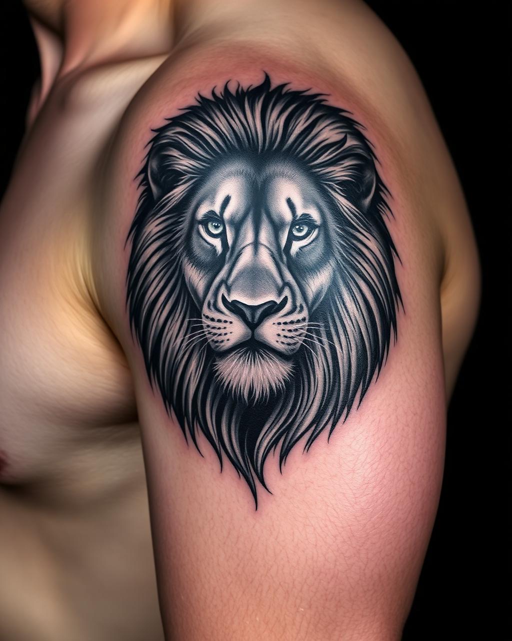 Black & Grey Löwenporträt Tattoo am Oberarm