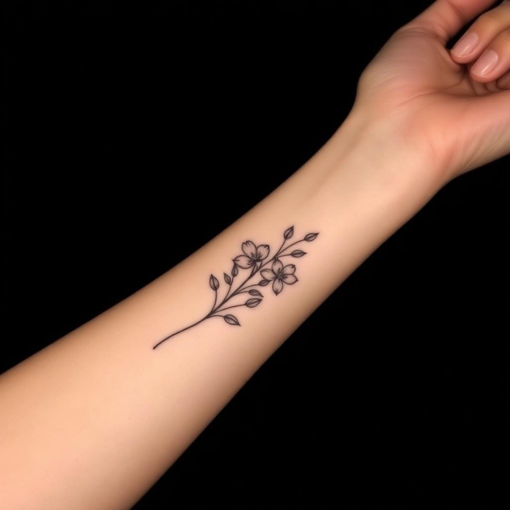 Fineline Blüten Tattoo am Unterarm