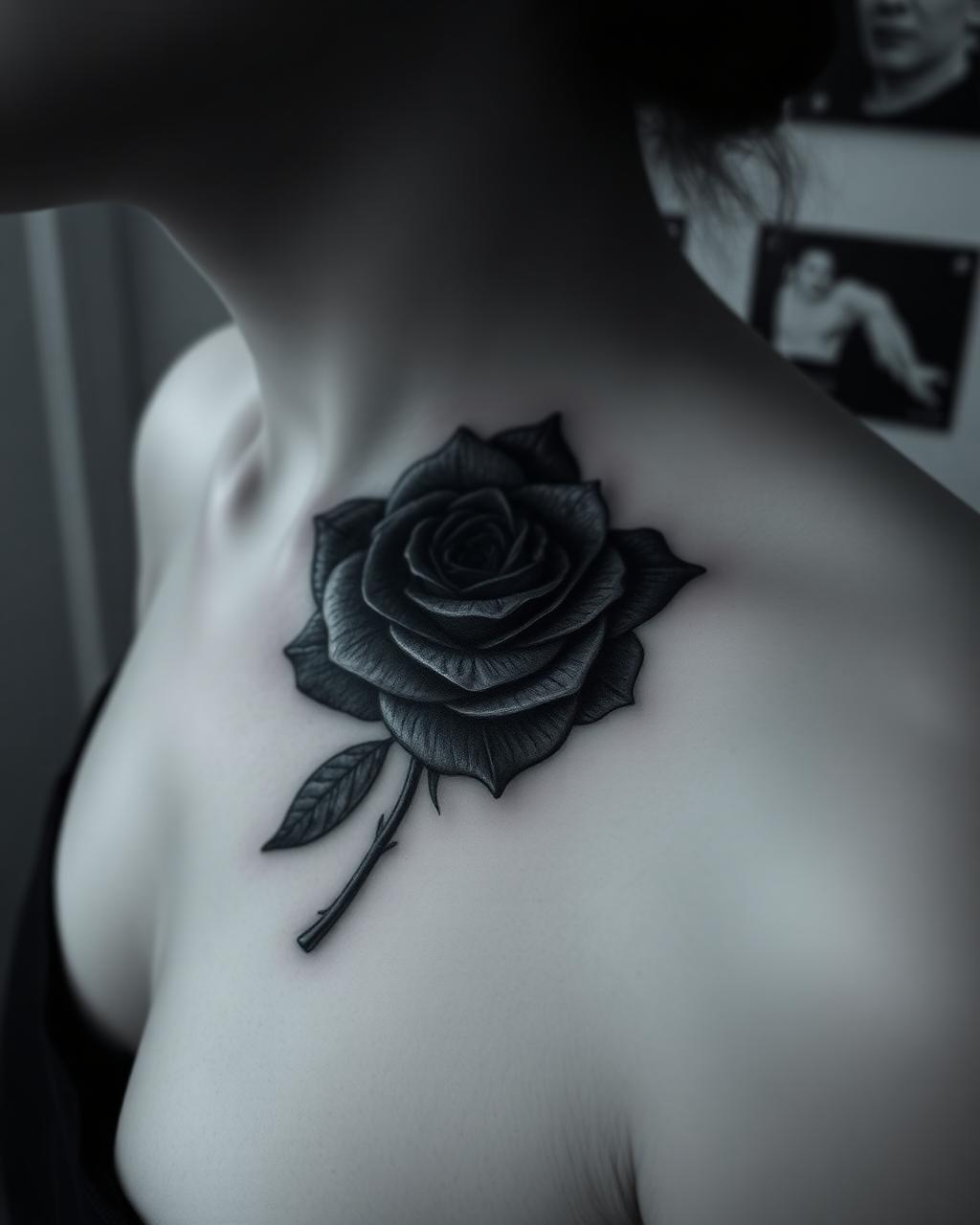 Black & Grey Rosen Tattoo am Schlüsselbein