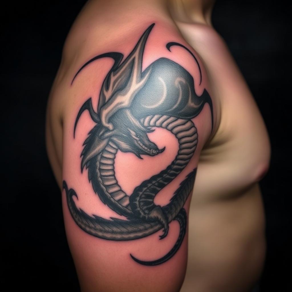 Cover-Up Drachen Tattoo am Oberarm