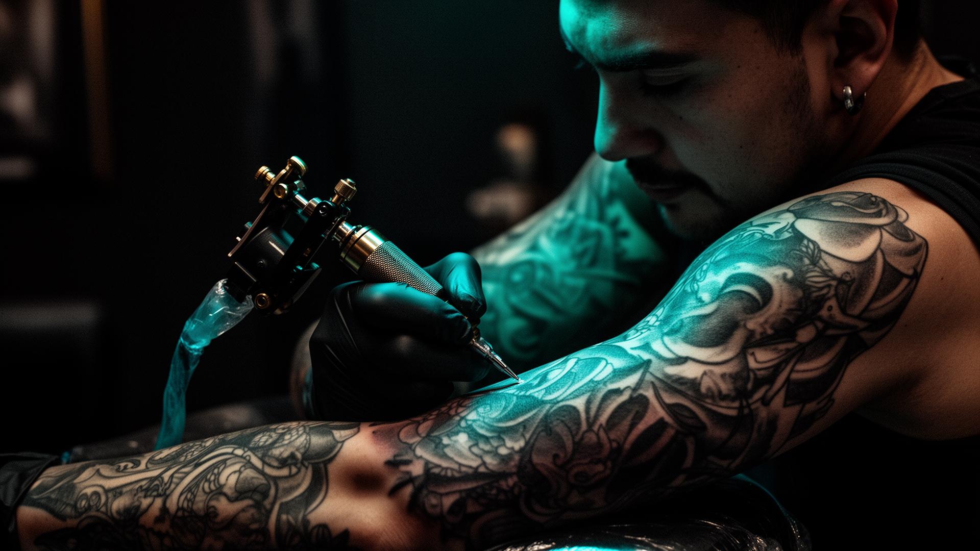 Tätowierer arbeitet an einem detailreichen Black & Grey Tattoo im Studio in Krefeld